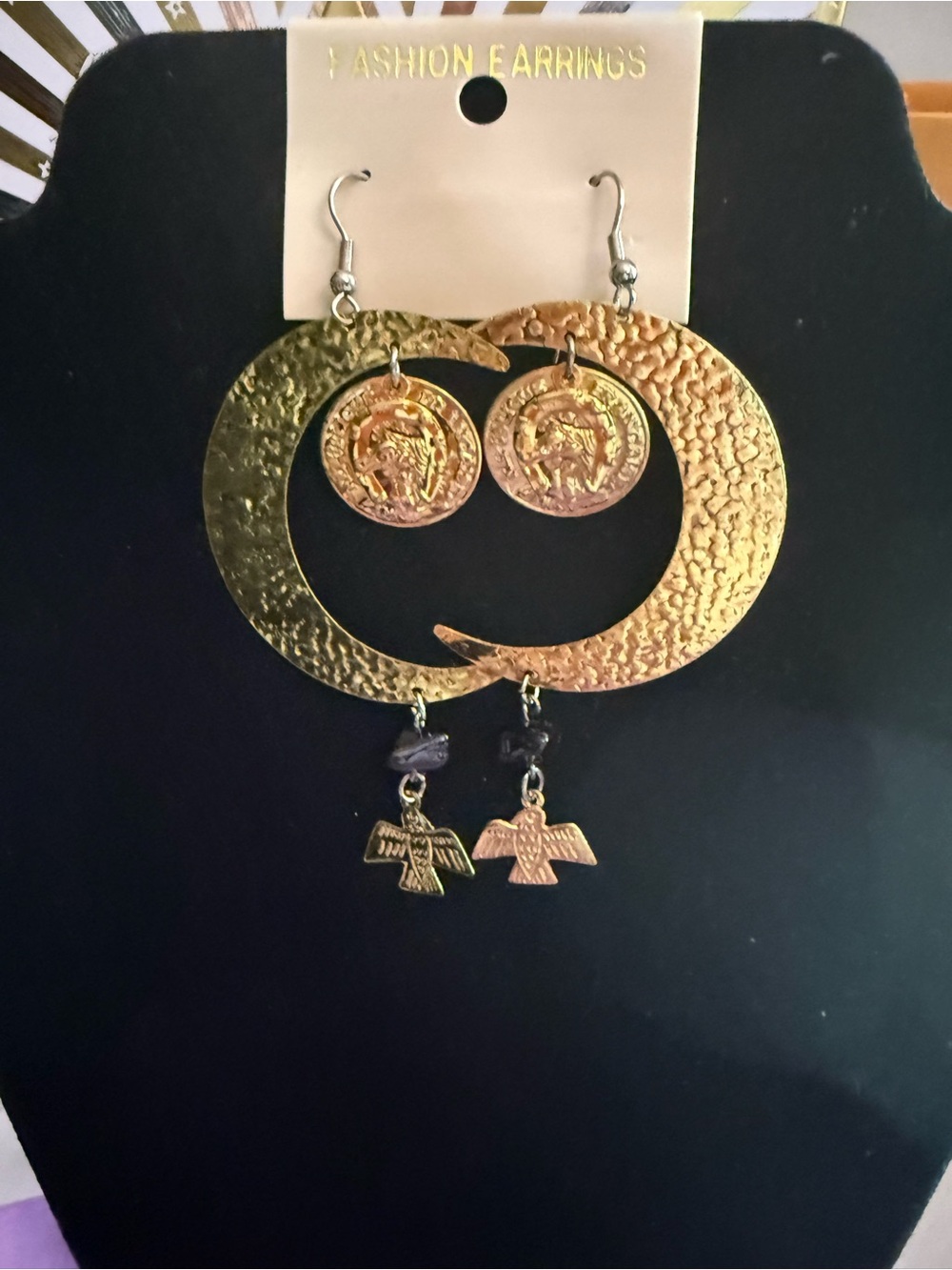 Gold Textured Hoop Earrings with Coin & Eagle Charms